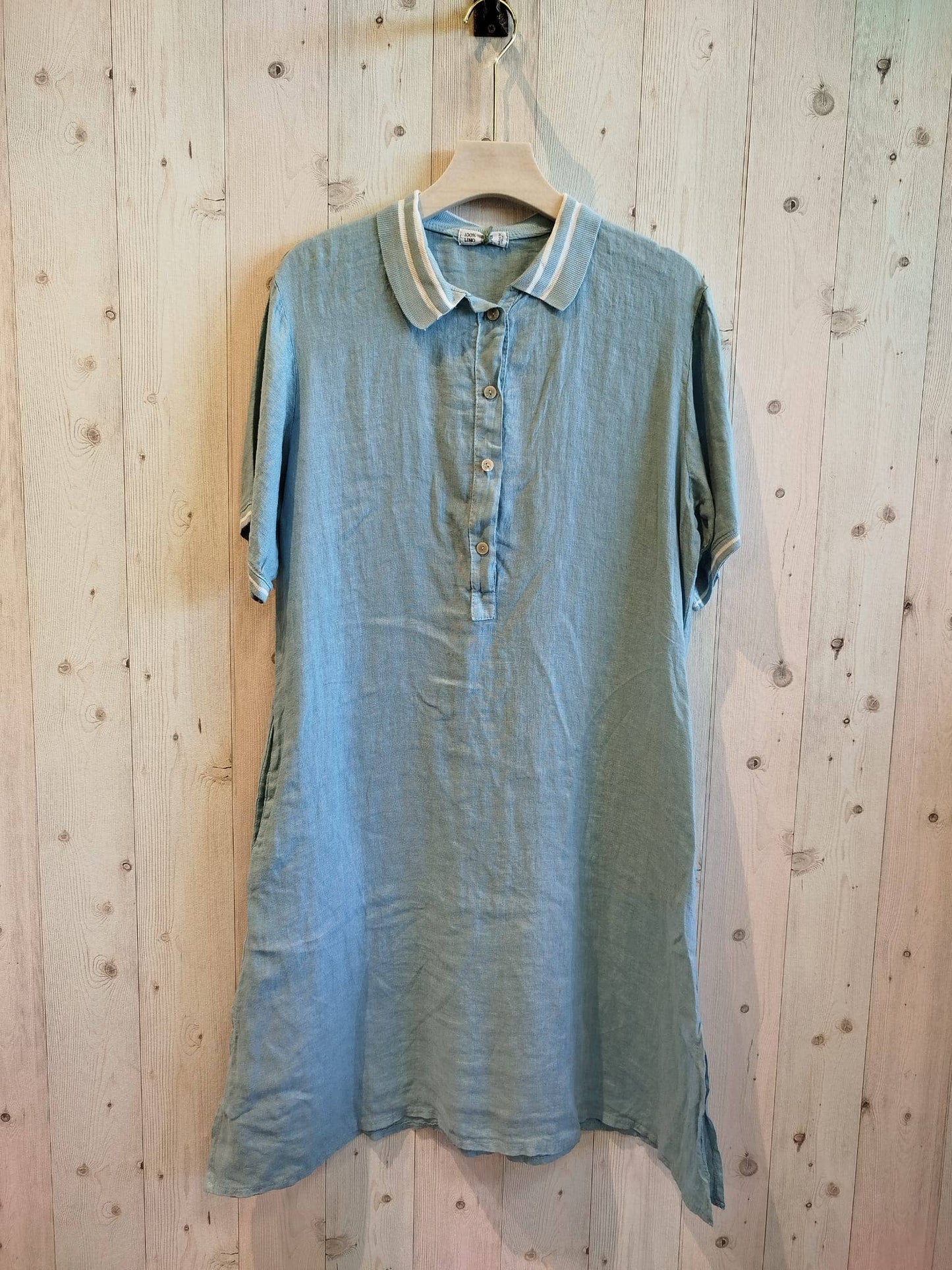 Linen polo style dress in duck egg blue