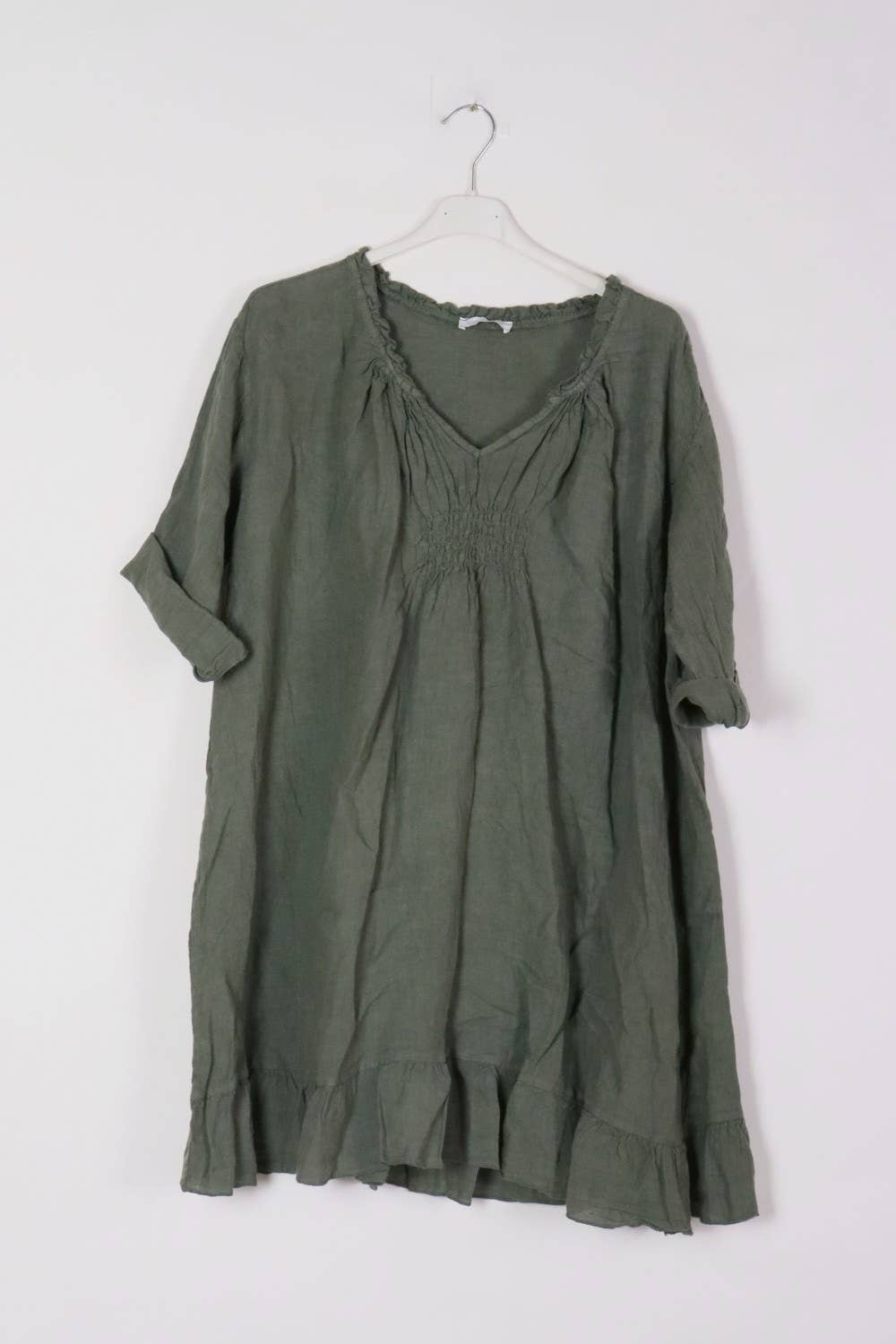 Plus size linen dress V neckline SKU 1628: Duck Green