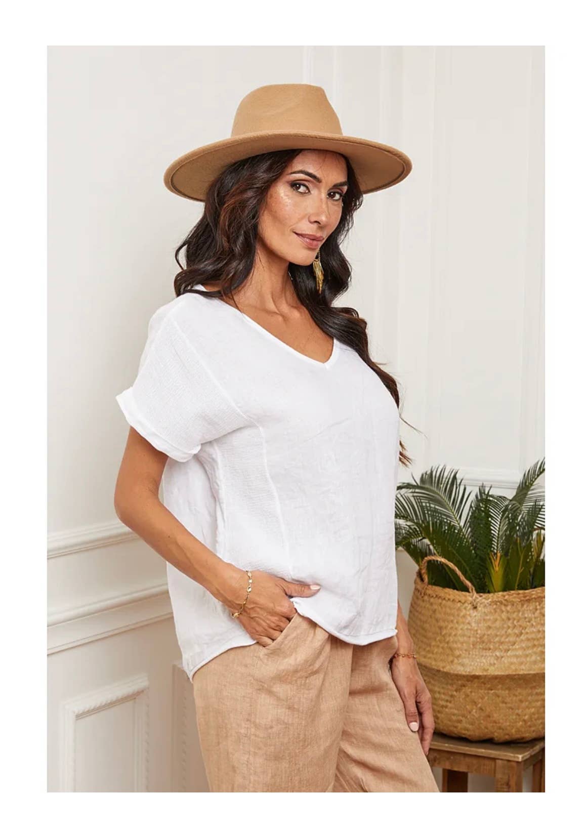 Textured T-shirt in 100% linen REF. 651: White / Unique