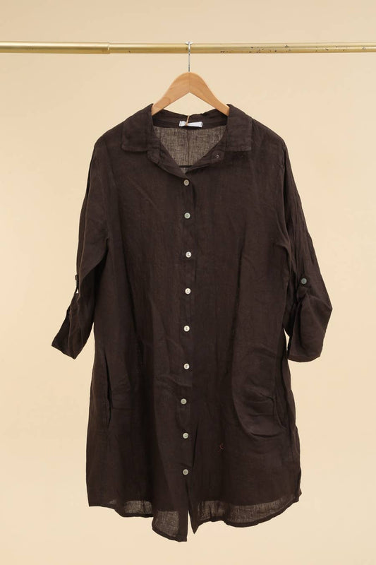 Short Dresses in 100% Linen REF. 197: Chocolate / Unique