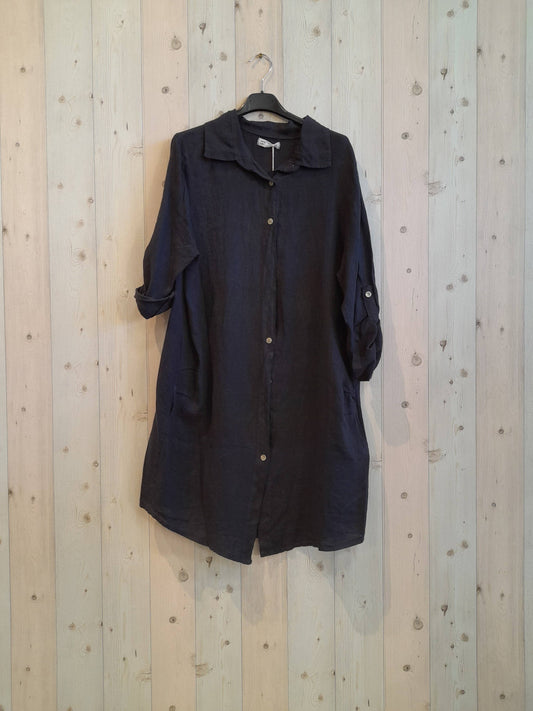 100% LINEN SHIRT dress: BLACK