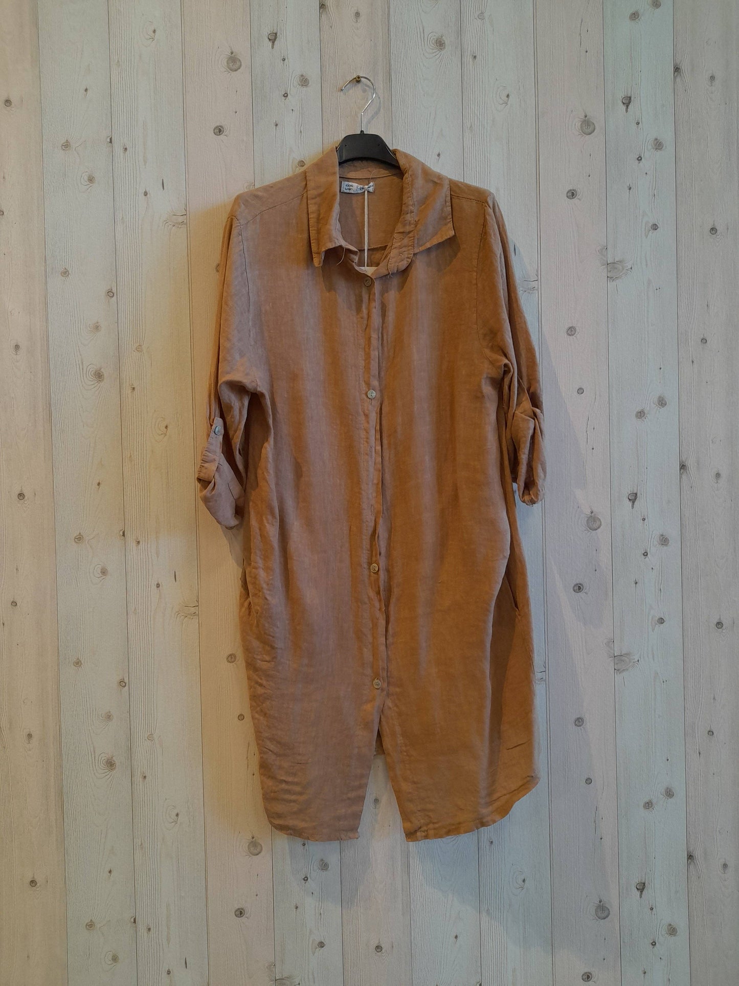 REF 89075 100% LINEN SHORT T-SHIRT: CAMEL