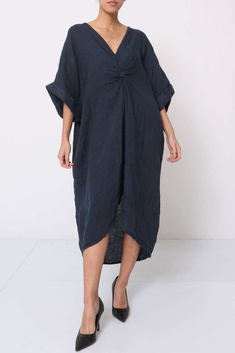 V-neck front swirl long dress  Black