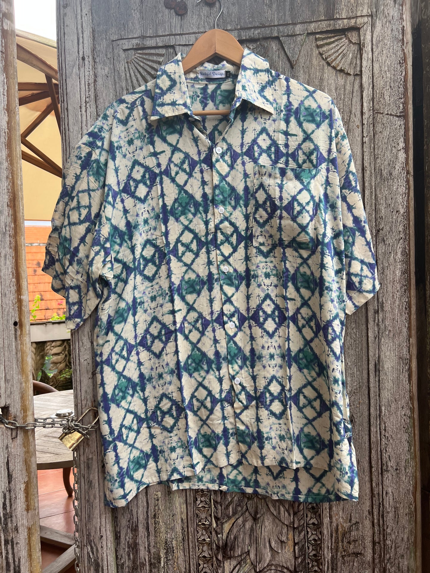 Blue Aztec men’s shirts by Redgirldesigns