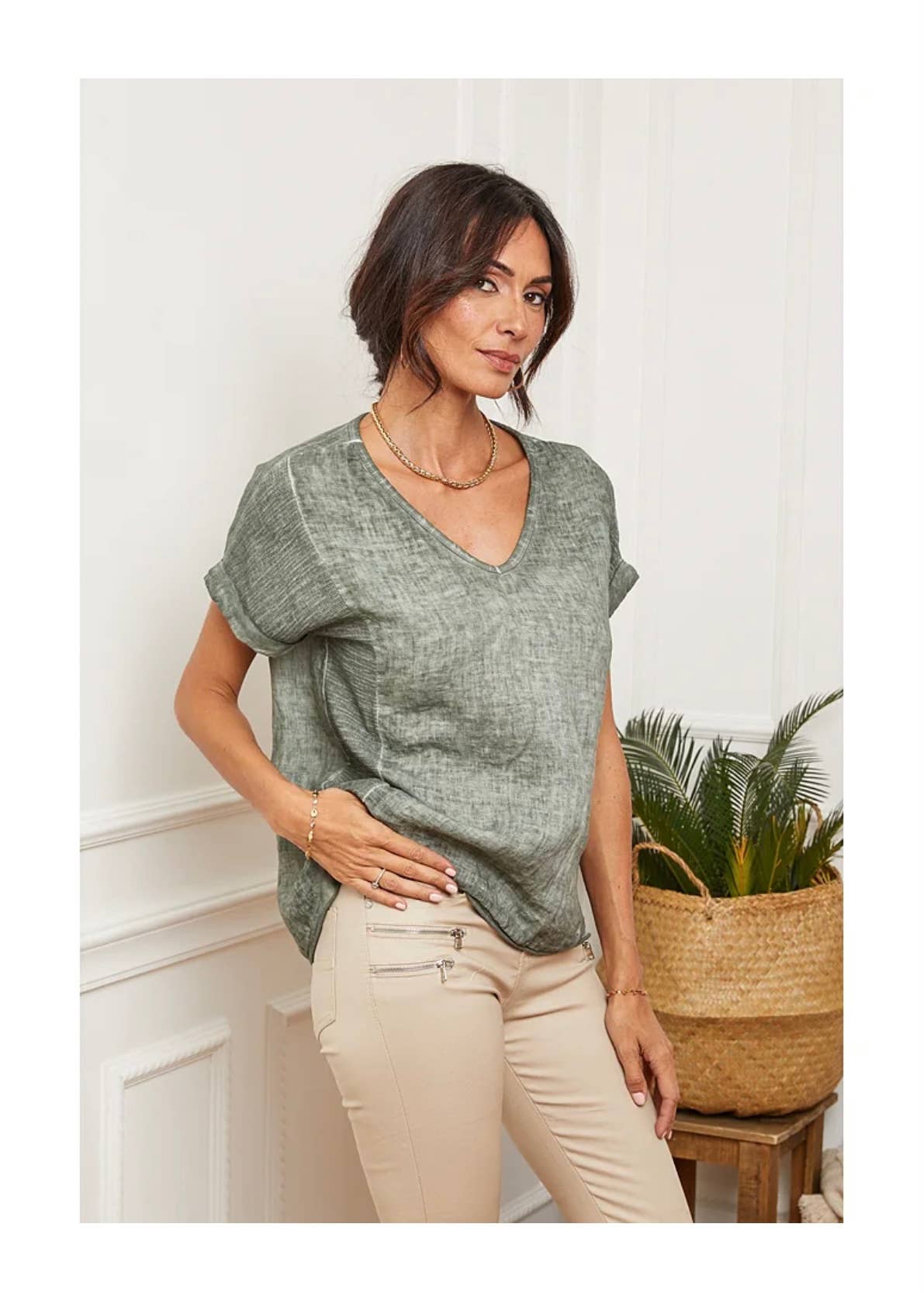 Textured T-shirt in 100% linen REF. 651: White / Unique